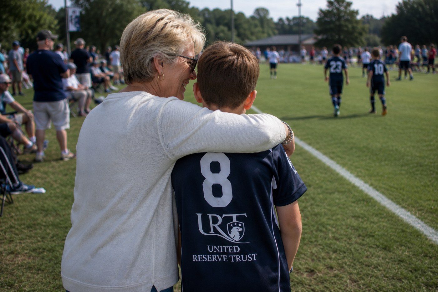 A grandmother and grandson at a youth soccer game, wearing a United Reserve Trust jersey